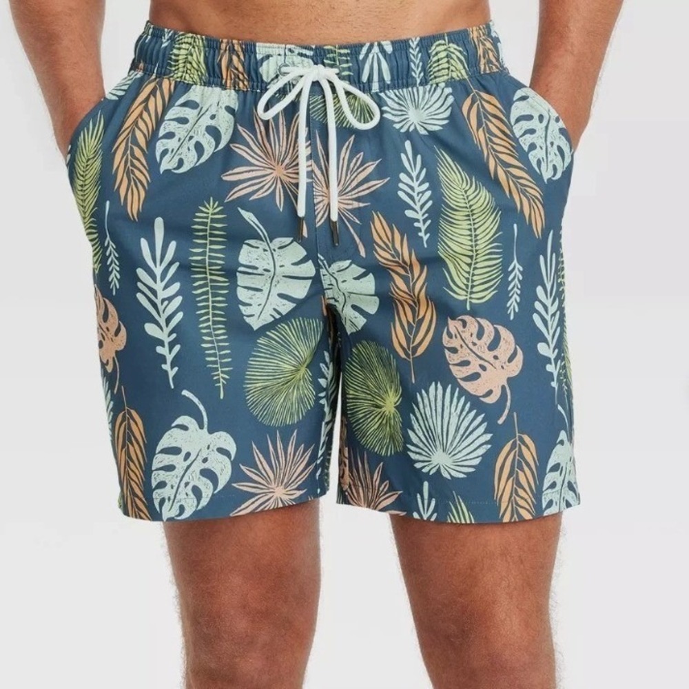Goodfellow & Co Mens XXL Tropical Leaf Swim Trunks Navy‎ Blue 7" Inseam NWT